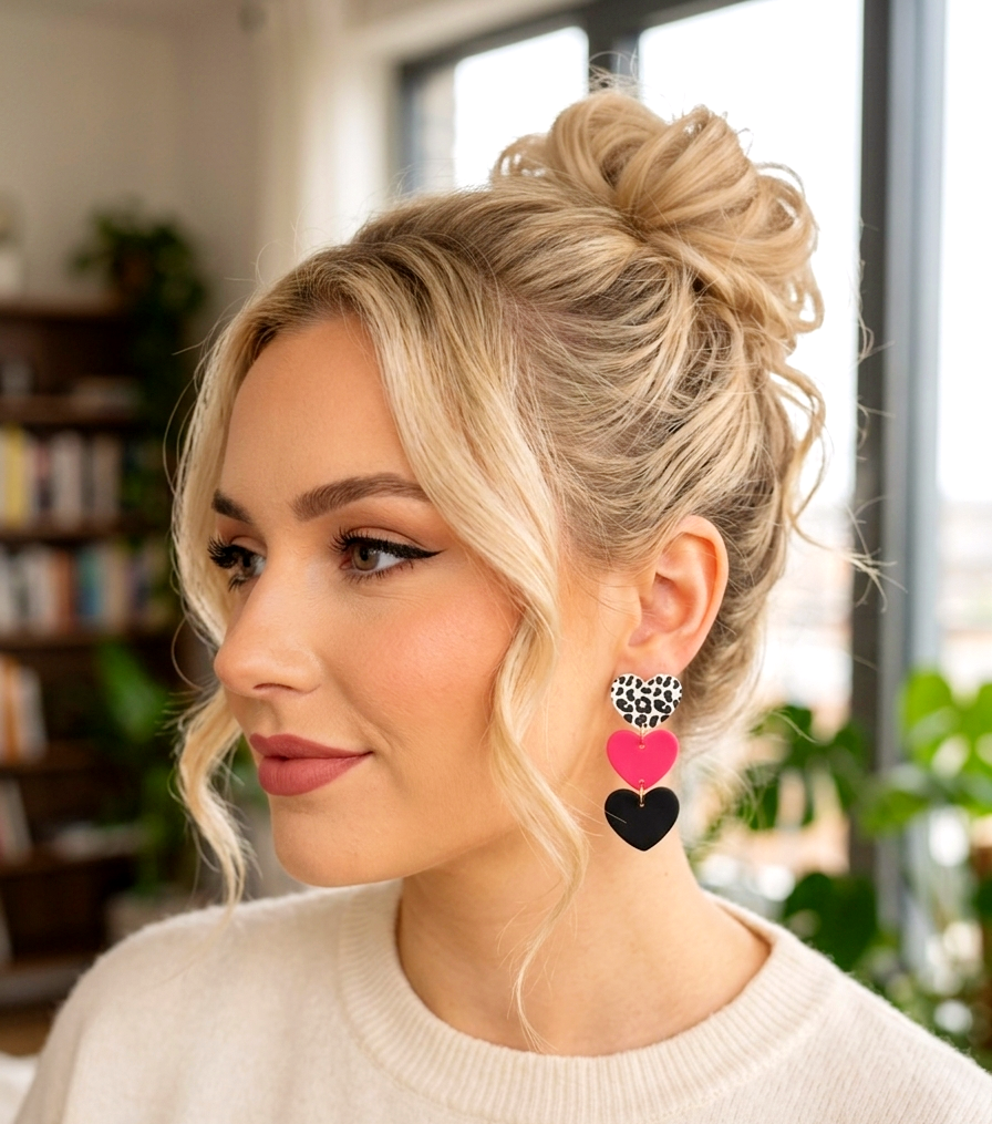 Boho Statement-Ohrringe mit 3 Herzen – Leo, Pink & Schwarz