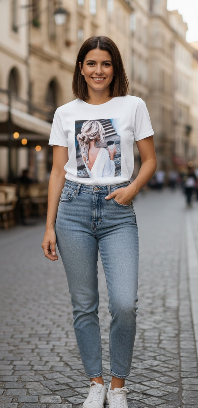 Damen T-Shirt mit Frau-Motiv – Modern & Schick in Weiß