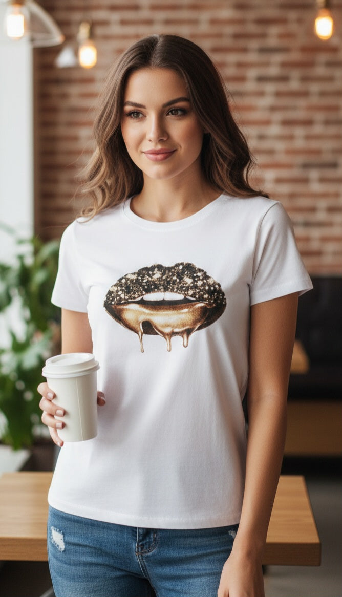 Damen T-Shirt mit Lippen-Motiv – Lässig & Modern in Weiß
