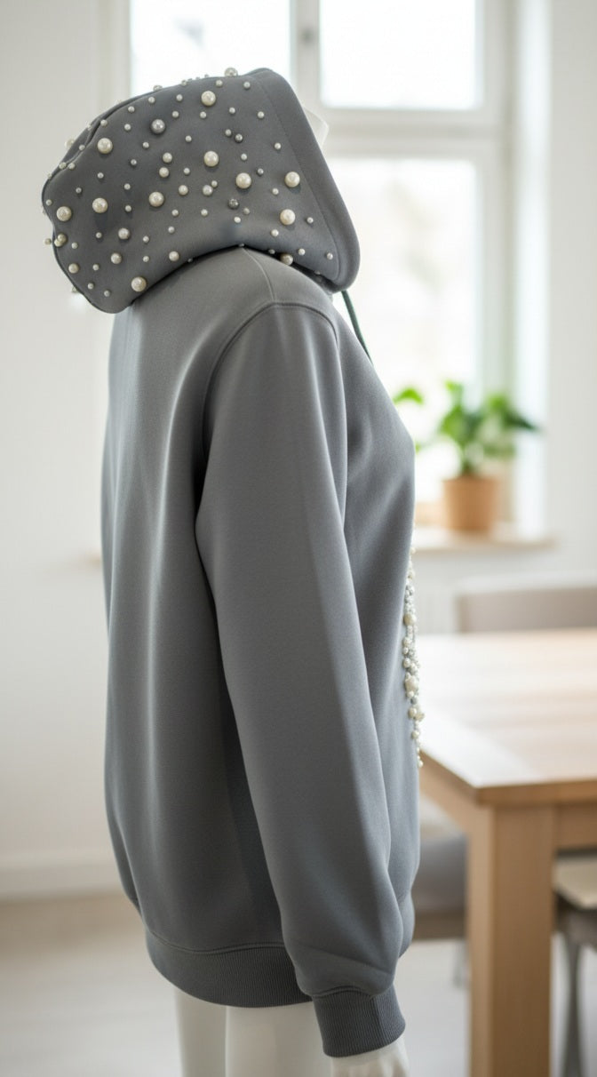 Damen Perlen-Hoodie Grau – Schick & Gemütlich für Herbst & Winter