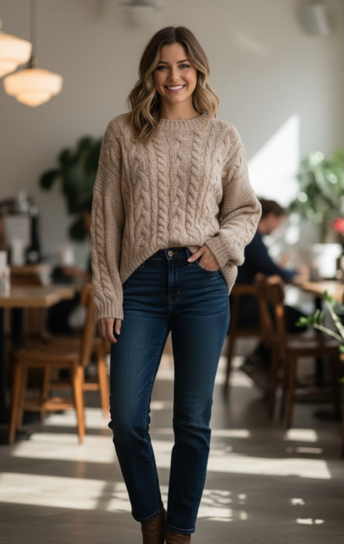 Women's, sweater, knitwear, autumn, winter, warm, timeless, cozy, modern, chic, elegant, cable knit pattern