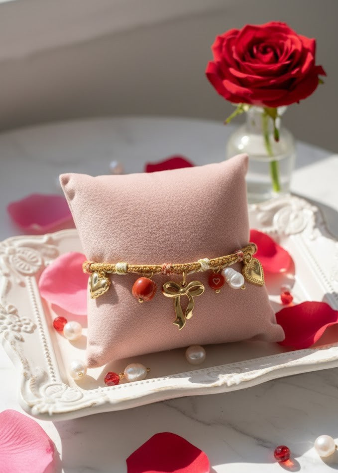 Damen Armband Edelstahl – Charms mit Herzen, Schleife & Perlen