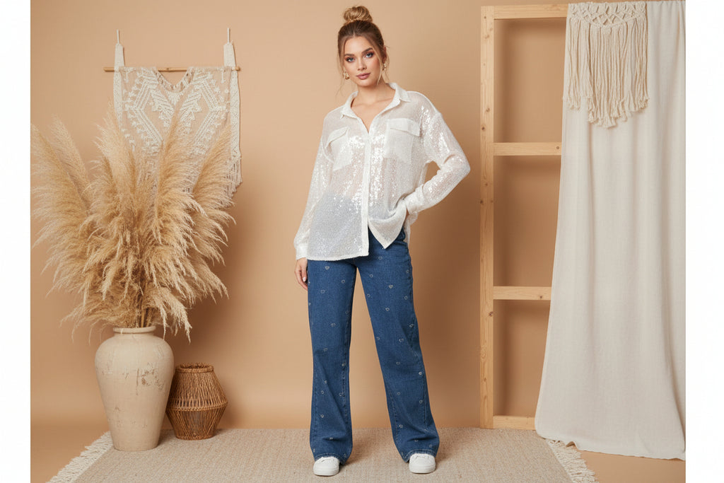 Cotton Woven Women's Straight Leg Denim Pants Heart Embroidery Casual