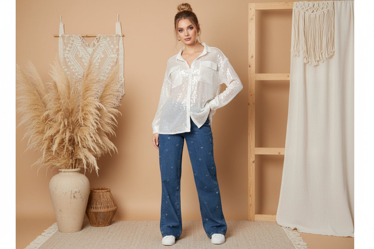 Cotton Woven Women's Straight Leg Denim Pants Heart Embroidery Casual