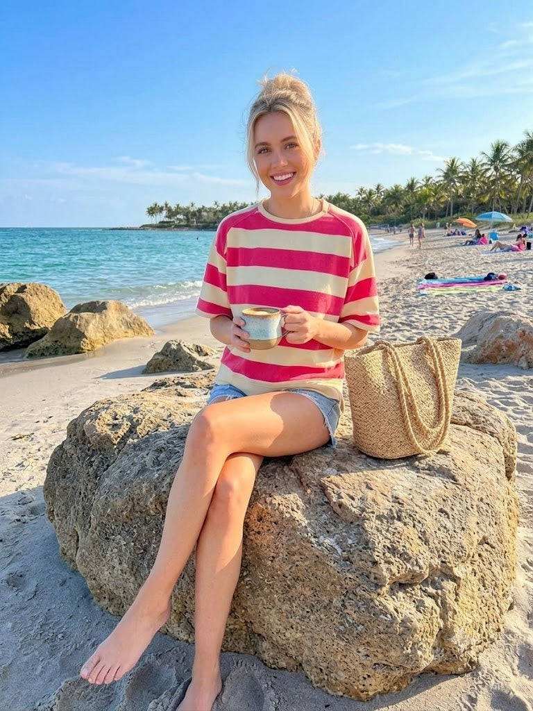 Oversize Shirt Blockstreifen | Retro Beach Vibes | Boxy Fit Pink & Pastellgelb | One Size S-L