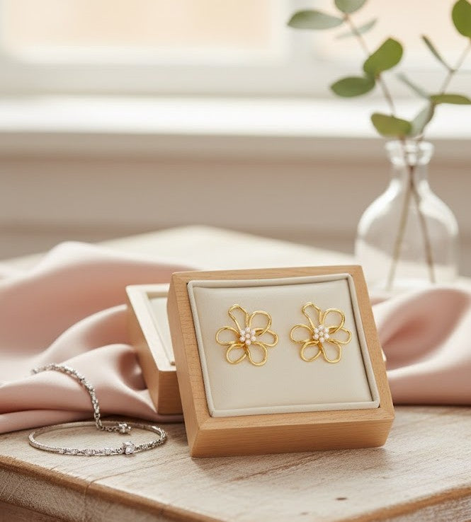 Ohrringe,Blüten,Damen,Charmant,feminin,Gold,Perle,Glanz,edel,Schmuck,modern,Edelstahl