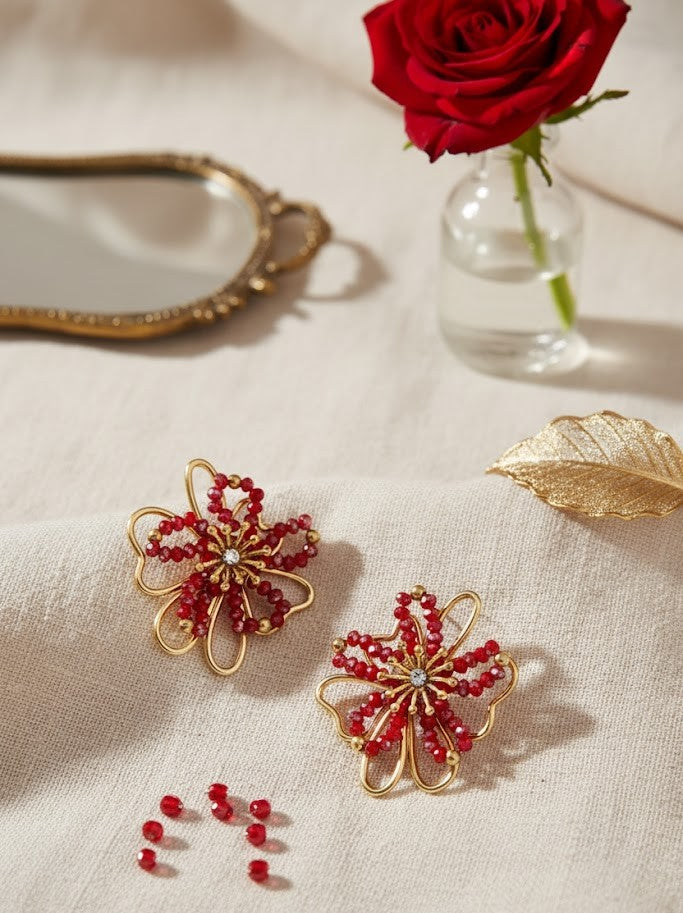 Damen Ohrstecker Edelstahl – Blüten mit Strass in Rot & Gold