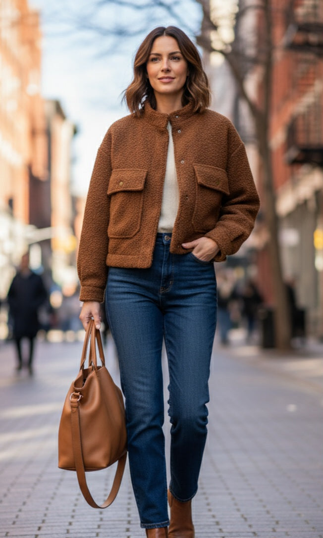 Damen Teddy-Jacke Braun – Kuschelig mit Taschen für Herbst & Winter