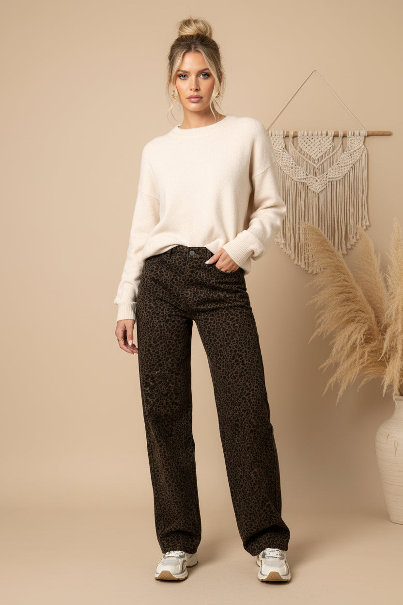 Woven Cotton Women's Straight Leg Pants Leopard Print Fall/Winter