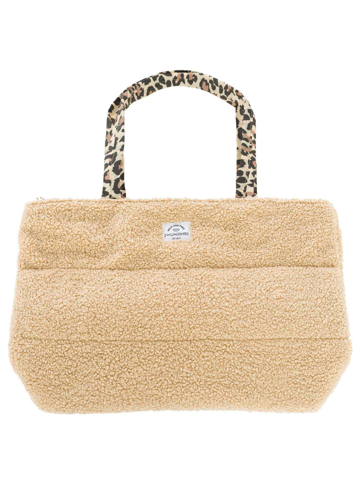 Teddy Shopper Tasche Herbst Damen Beige mit Leo-Henkeln – Zwillingsherz Shopper Bag Frontansicht