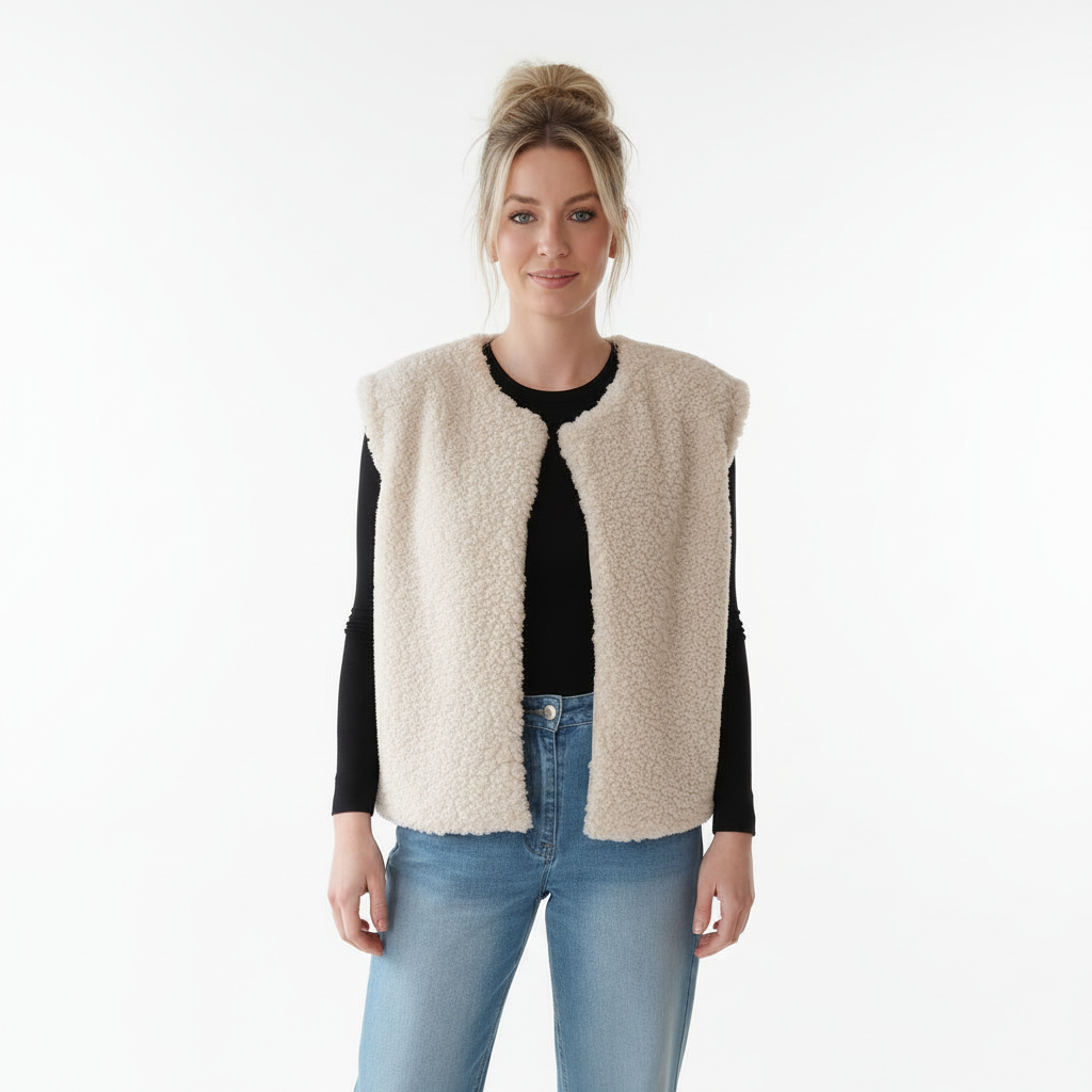 Cremefarbene Damen-Teddyfell-Weste am Model vor weißem Studiohintergrund, offen getragen über schwarzem Langarmshirt und Jeans