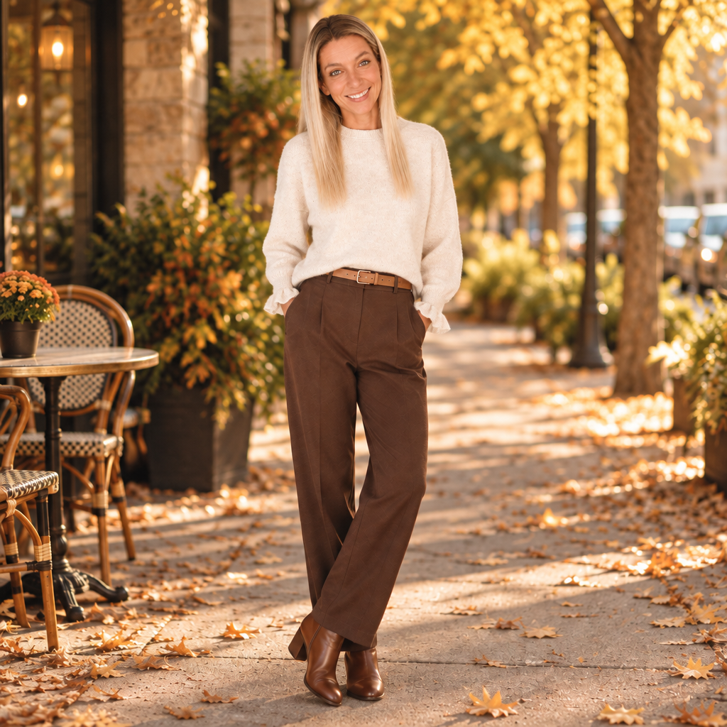 Creme: Model trägt einen cremefarbenen Damen-Strickpullover mit Rüschenabschlüssen an den Ärmeln zu brauner Hose und Stiefeletten im Herbst.