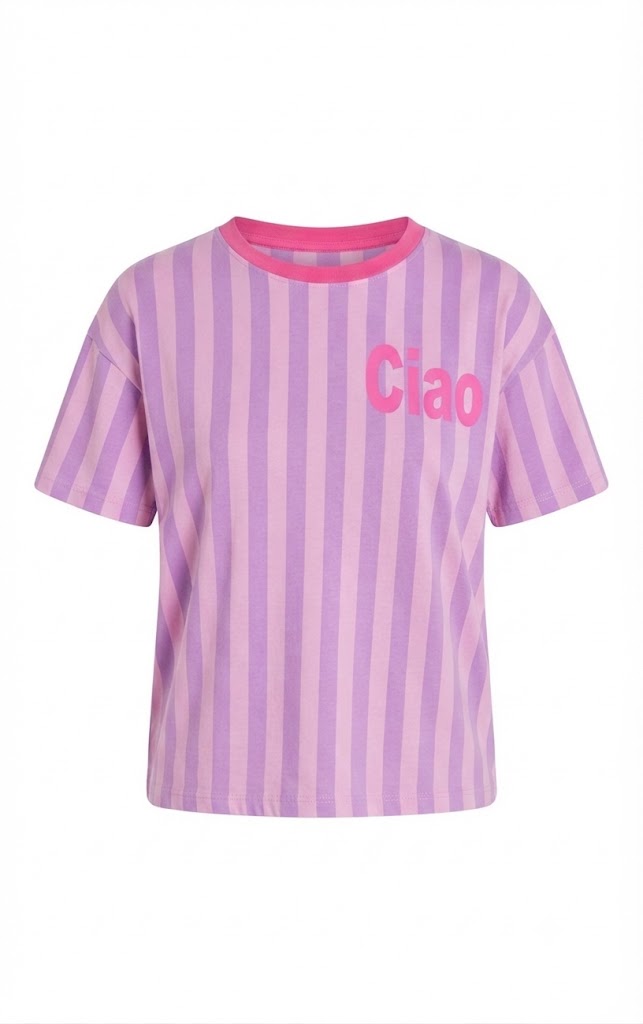 Damen Oversize T-Shirt Ciao Print Streifen Pink Lila – Frontansicht weißer Hintergrund