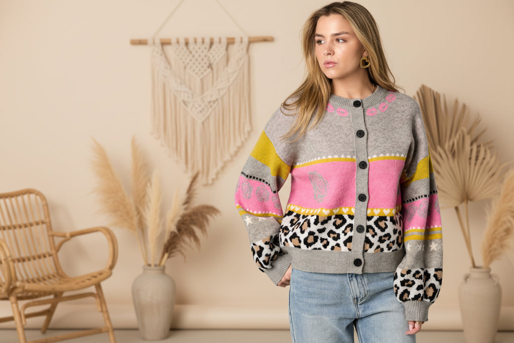 Knitted Polyester Fiber Women's Cardigan Casual Floral Print
