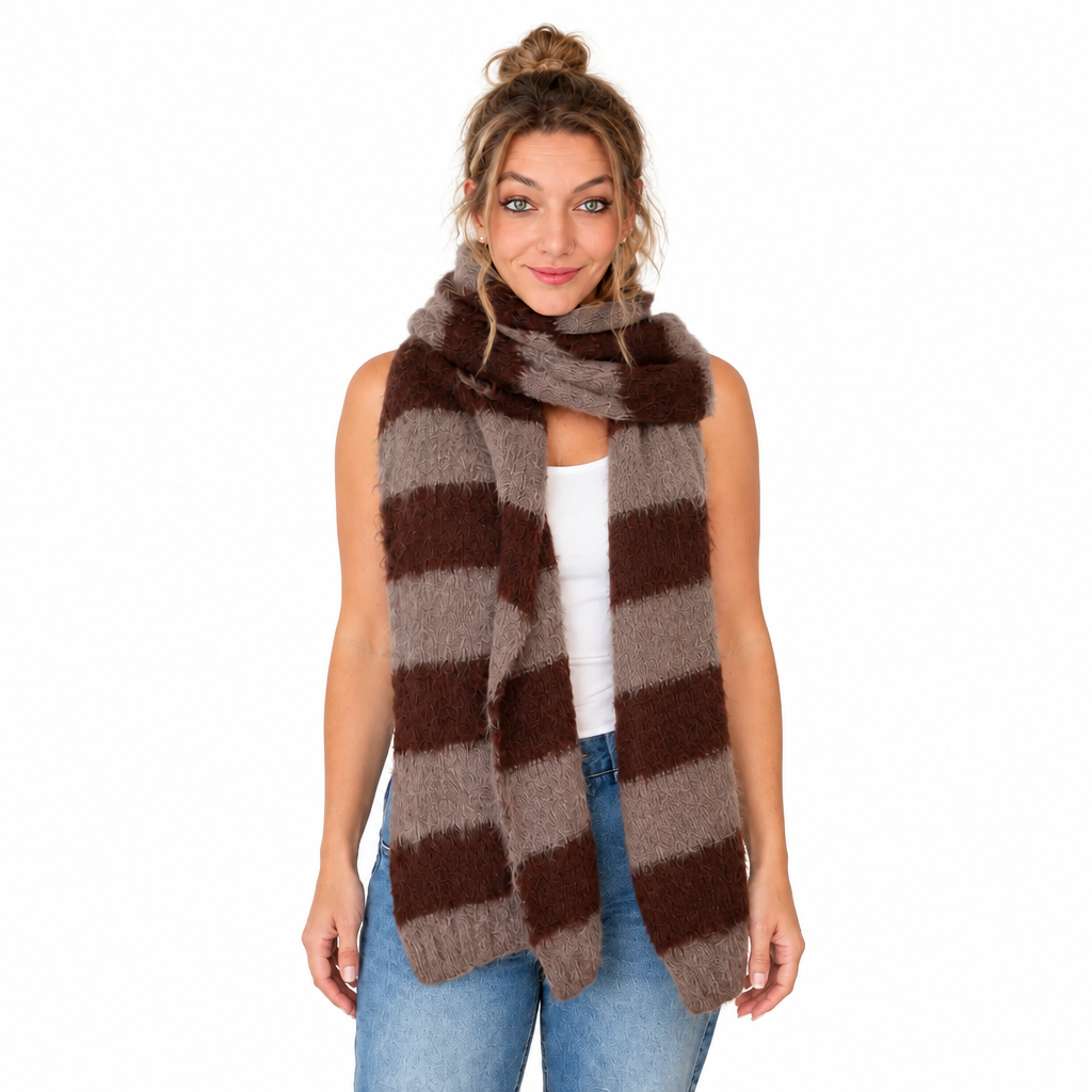 Model trägt einen flauschigen, dunkelbraun-grau gestreiften Damen-Schal vor weißem Hintergrund.