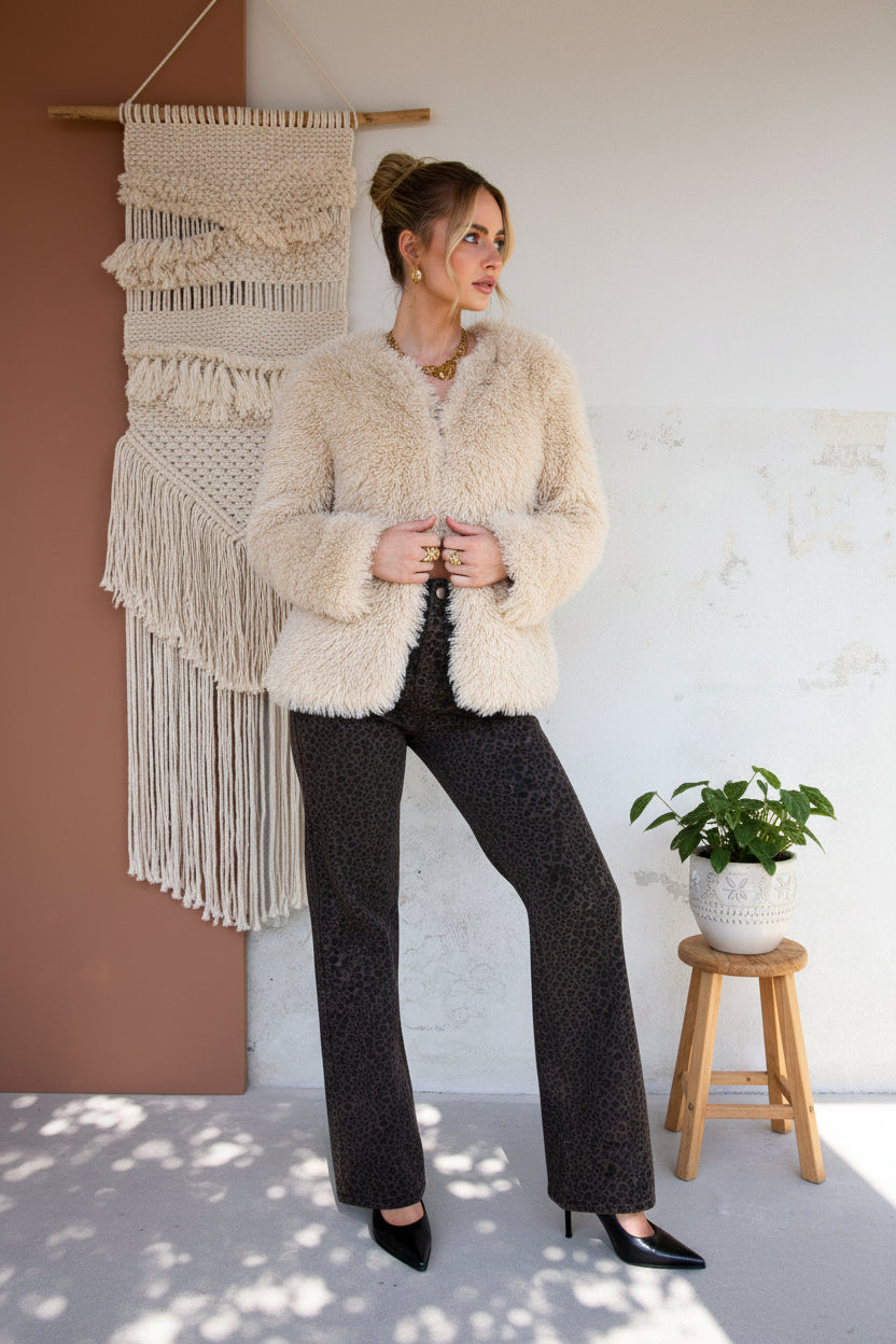 Woven Cotton Women's Straight Leg Pants Leopard Print Fall/Winter