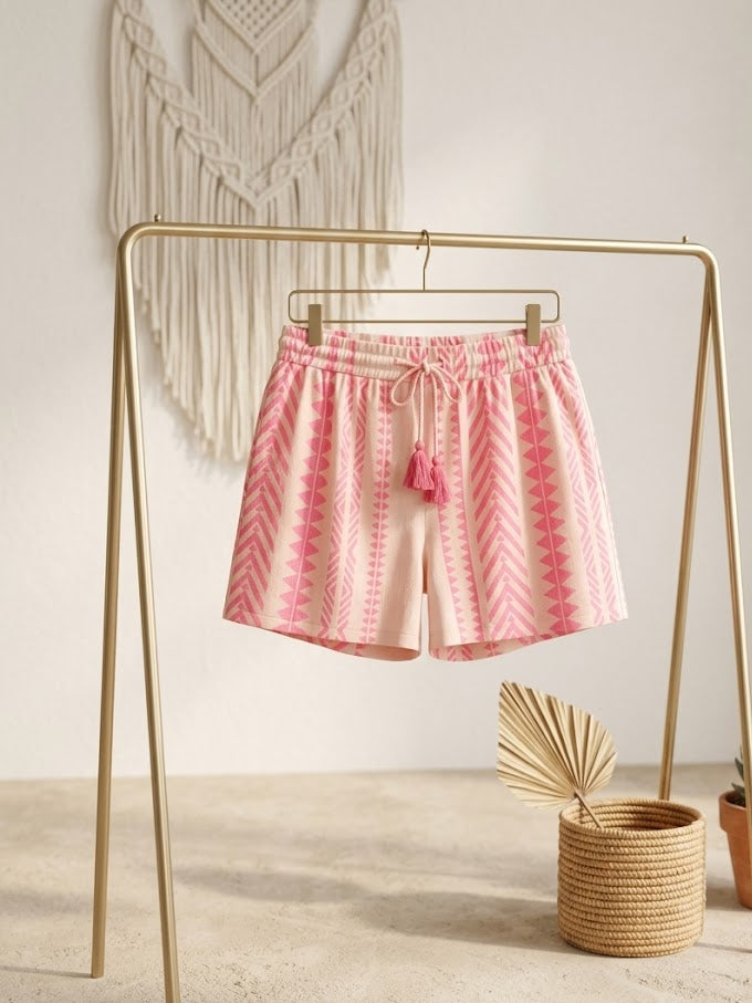 Boho-Shorts mit Ethno-Print & Quasten – Pink/Beige