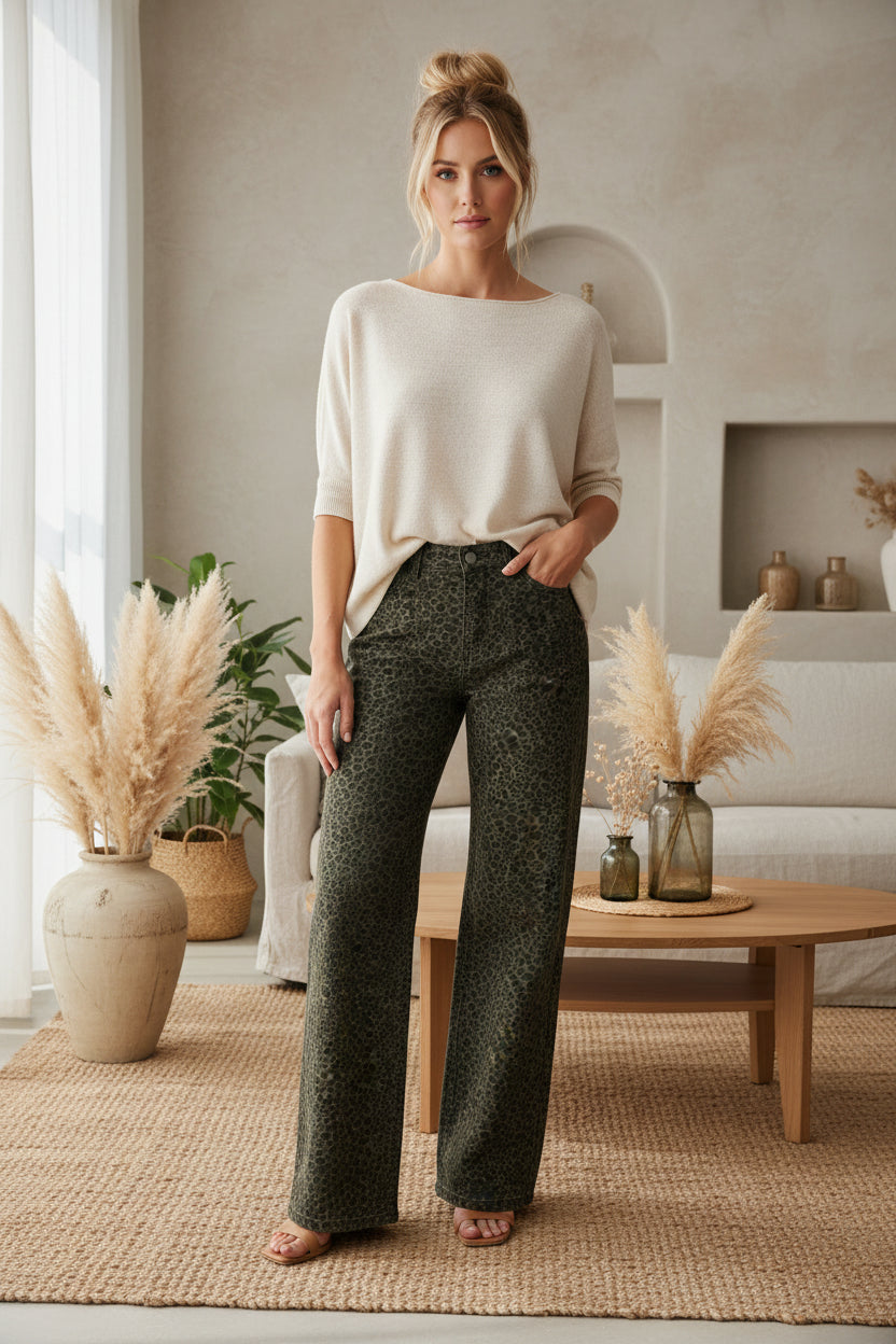 Woven Cotton Women's Straight Leg Pants Leopard Print Fall/Winter