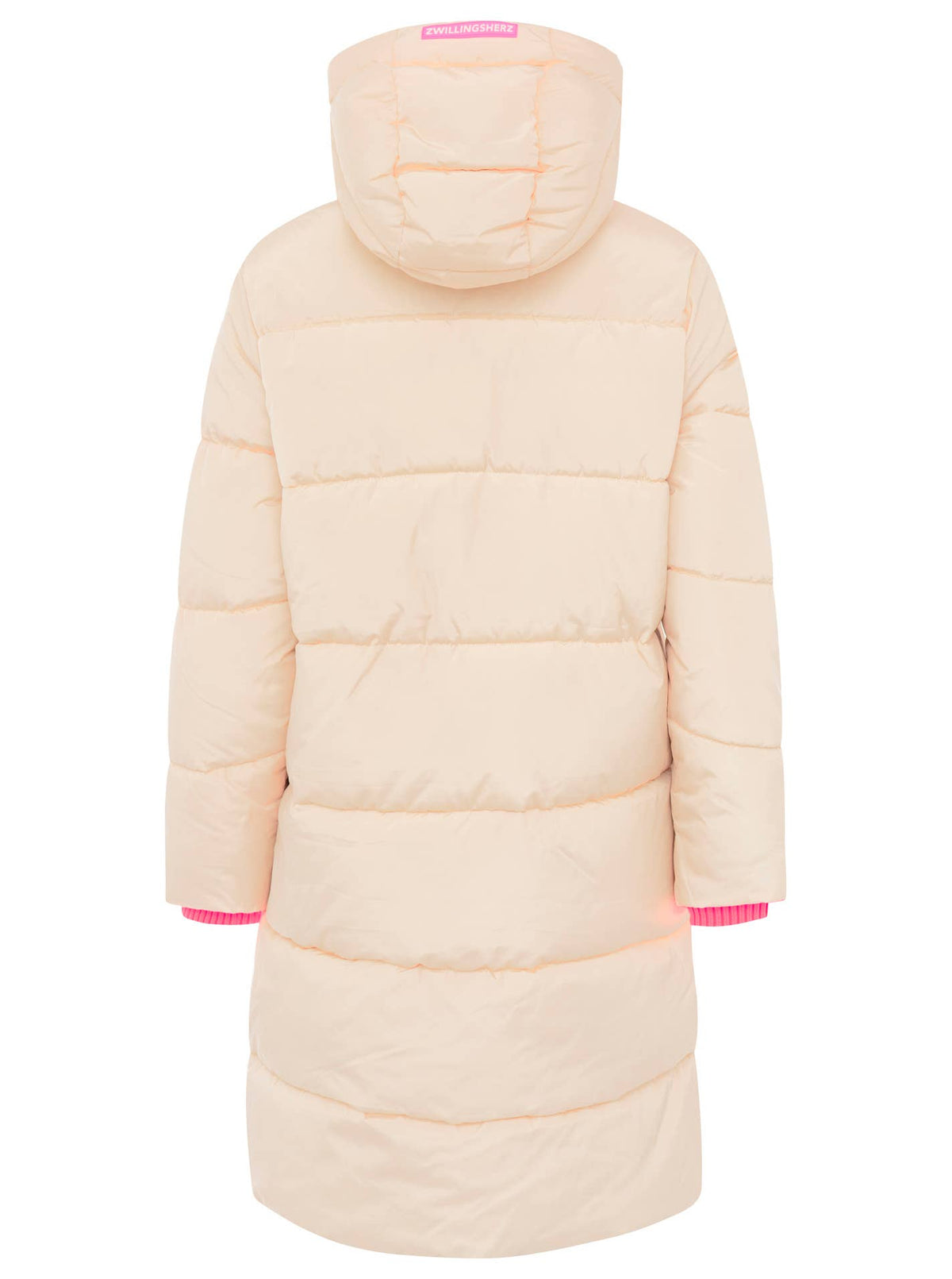 Steppmantel Damen Hellbeige Rückenansicht – Zwillingsherz Wintermantel lang