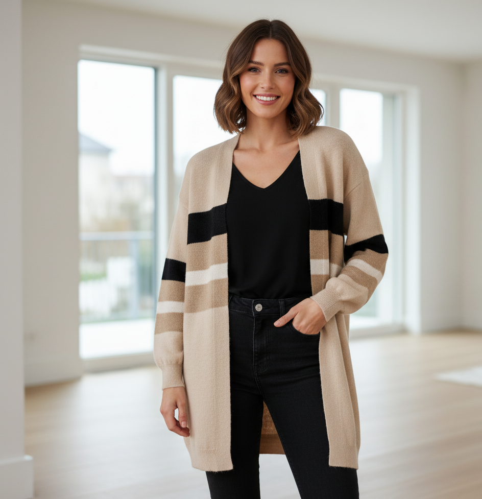 Gilet femme, décontracté, en maille, à rayures, idéal pour l'hiver et l'automne. Chic, élégant, intemporel et stylé.