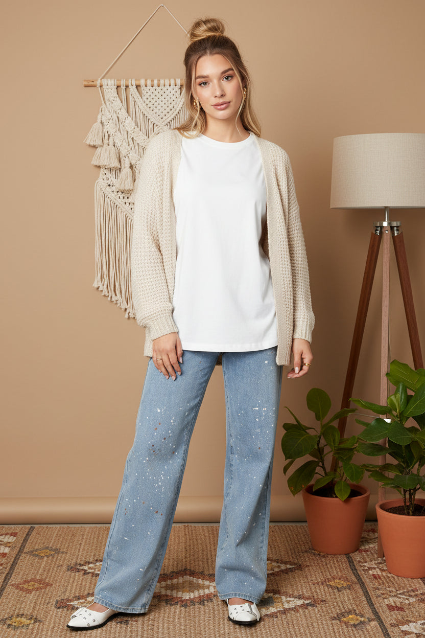 Cotton Woven Women's Straight Leg Denim Pants Heart Embroidery Casual