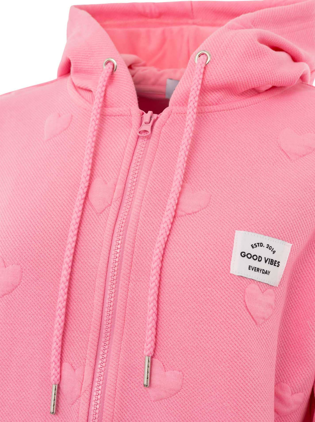 Hoodiejacke Zwillingsherz Love, rosa Damen-Hoodiejacke mit bestickten Herzen, Produktfreisteller