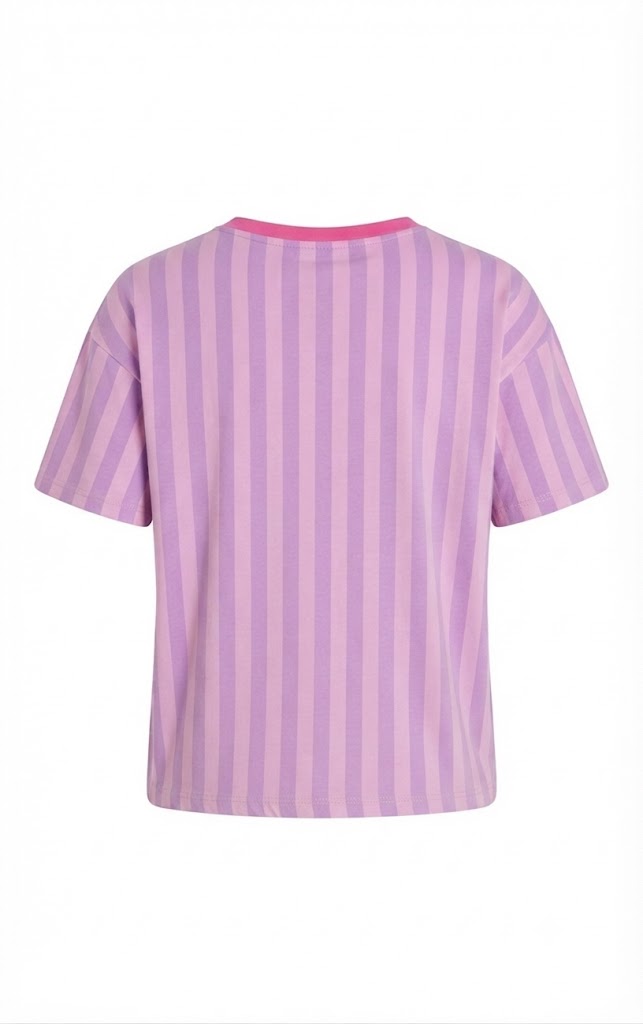 Damen Oversize T-Shirt Ciao Print Streifen Pink Lila – Rückenansicht weißer Hintergrund