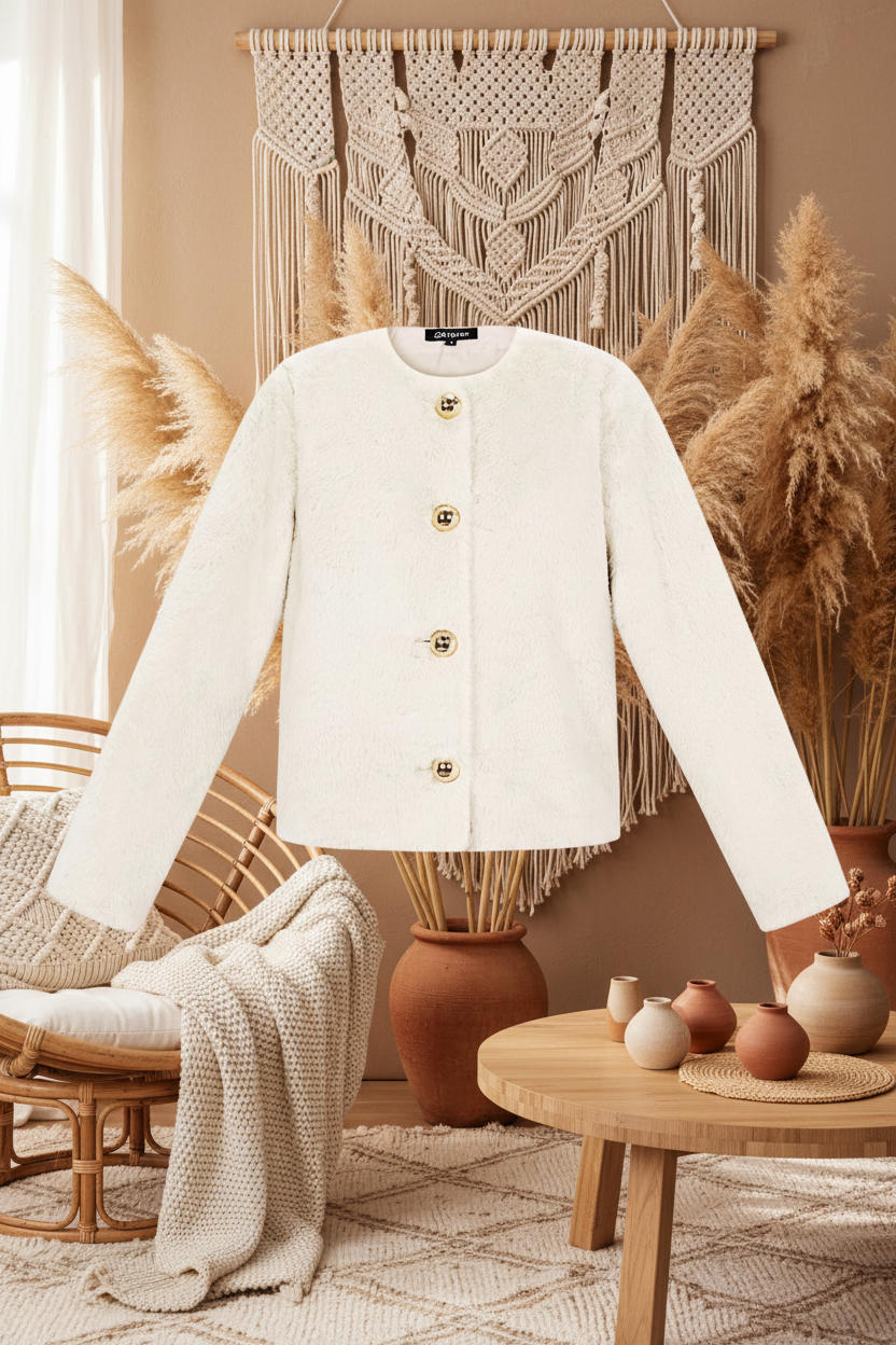 Faux Fur Jacke mit Boho-Hintergrund