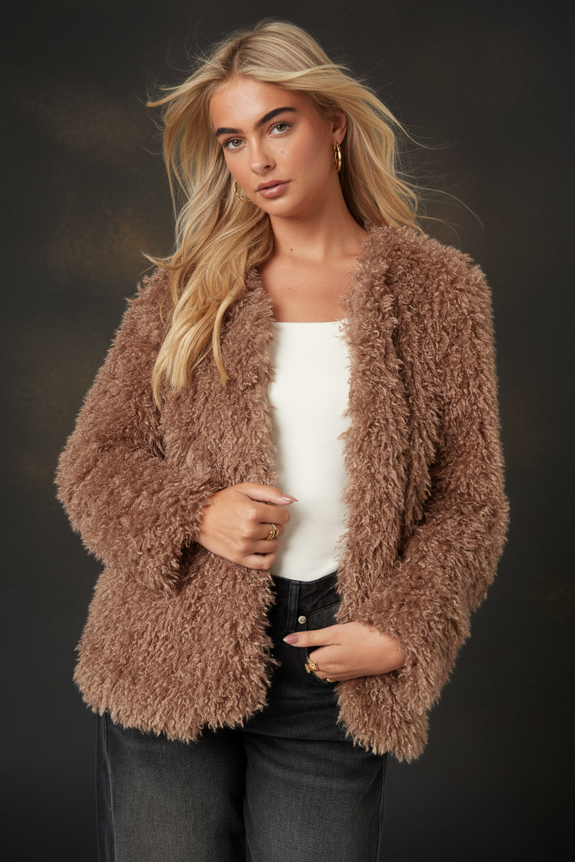 Flauschiger Mantel Rückansicht mit neuem Hintergrund