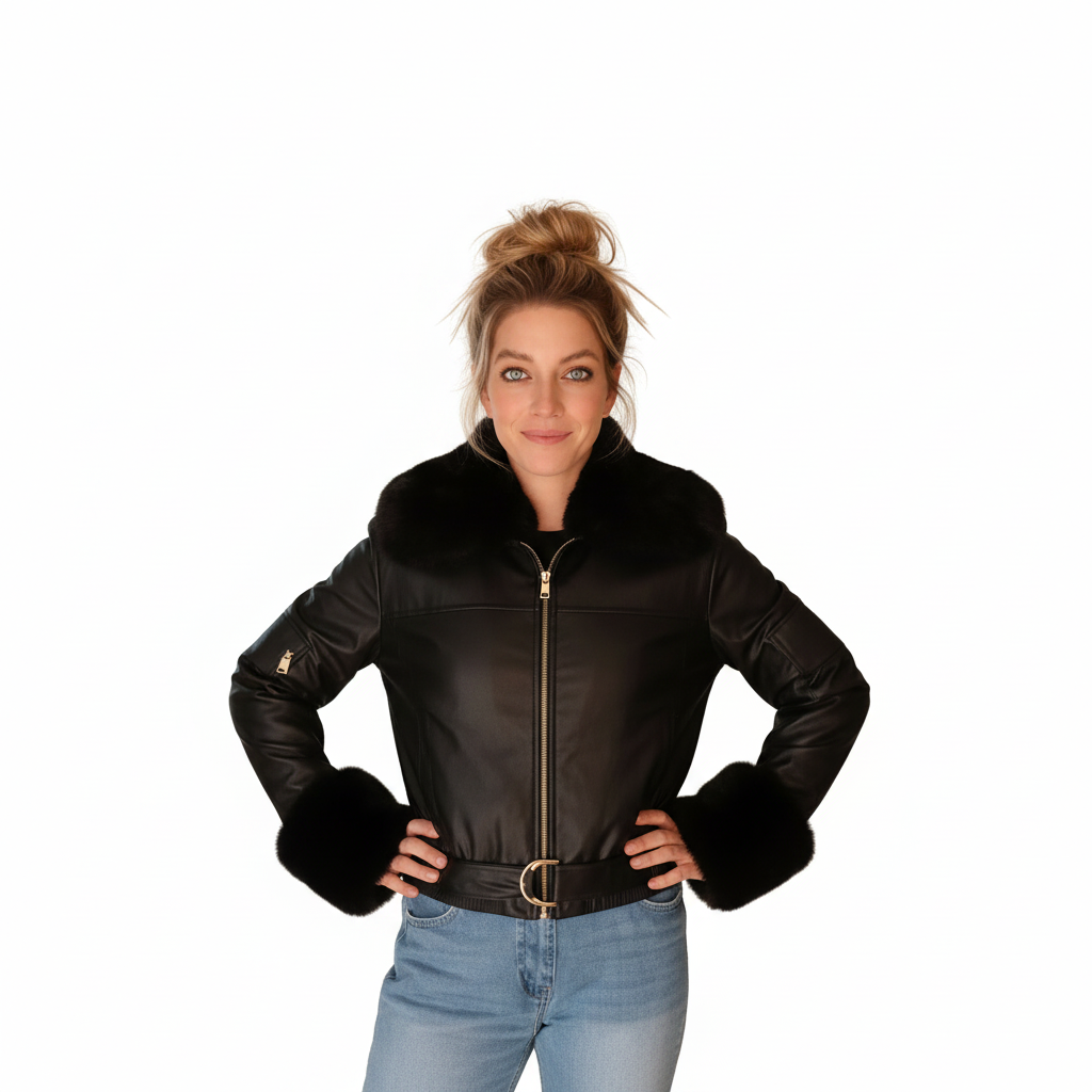 Schwarze Cropped Jacke Damen in Lederoptik mit Webpelzkragen und Fellmanschetten, Produktfoto auf weißem Hintergrund