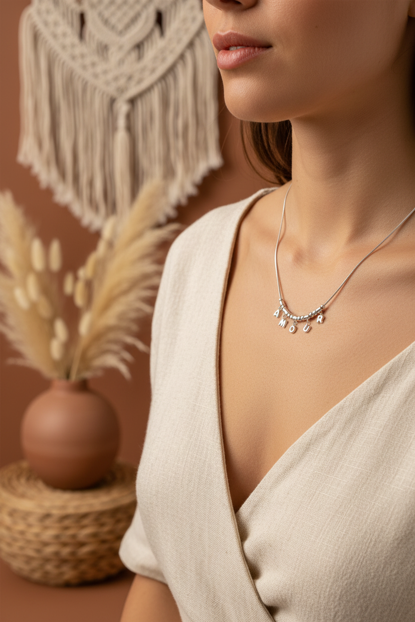 Frau trägt Amour Halskette - Boho-Hintergrund