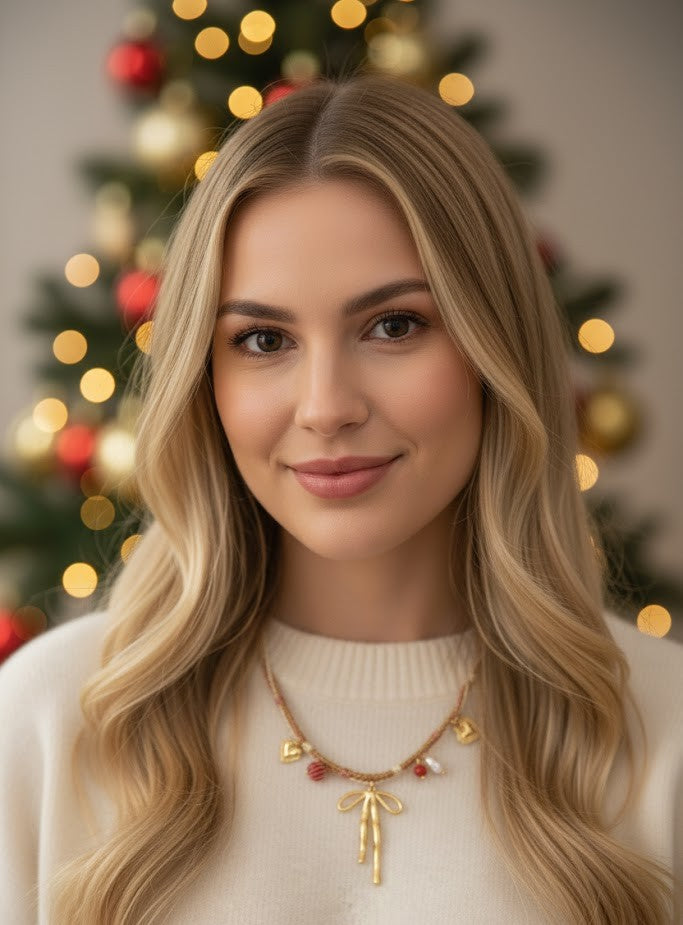 Damen Halskette Edelstahl – Herz & Schleife mit Perlen in Gold & Rot