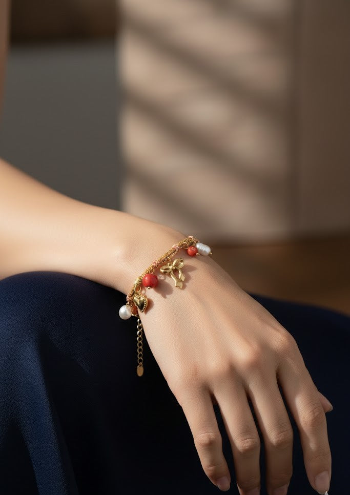 Damen Armband Edelstahl – Charms mit Herzen, Schleife & Perlen