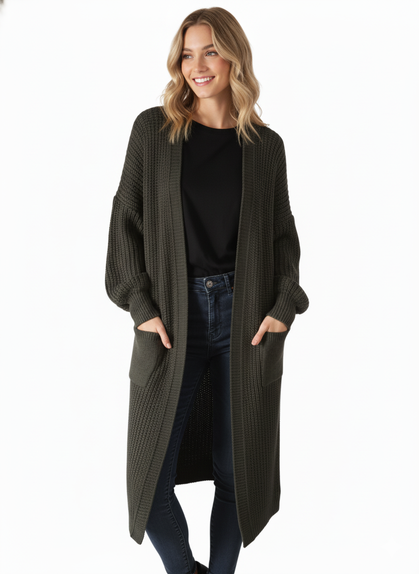 Damen Cardigan Dunkelgrün – Elegant & Gemütlich mit Taschen