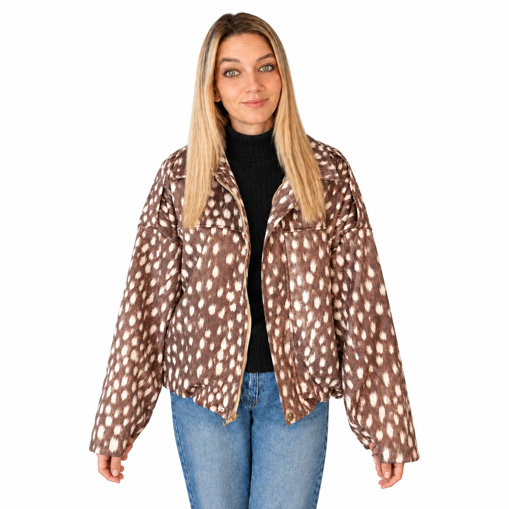 Braune Damenjacke mit cremefarbenem Fleckenmuster, Kragen und Reißverschluss, offen am Model vor weißem Hintergrund.