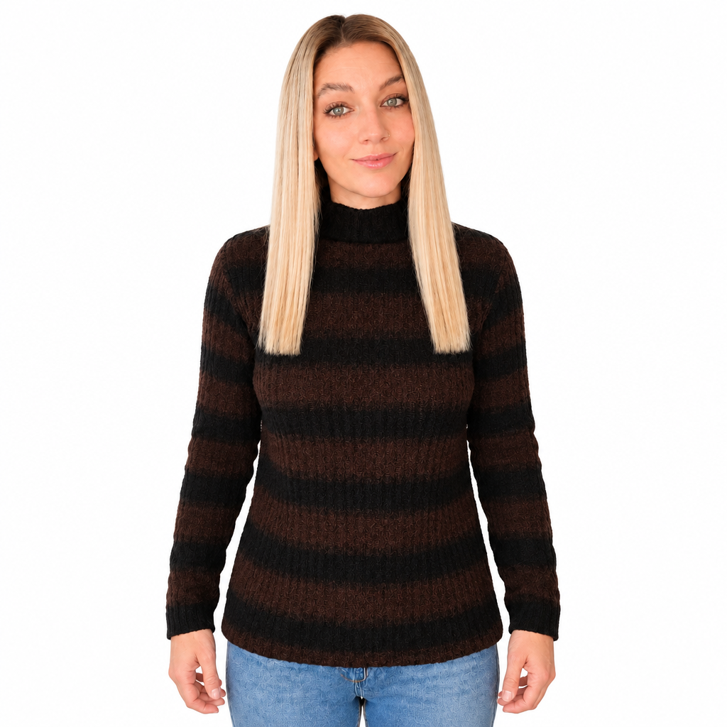 Damen-Strickpullover mit dunkelbraun-schwarzen Streifen und hohem Kragen, am Model vor weißem Hintergrund.