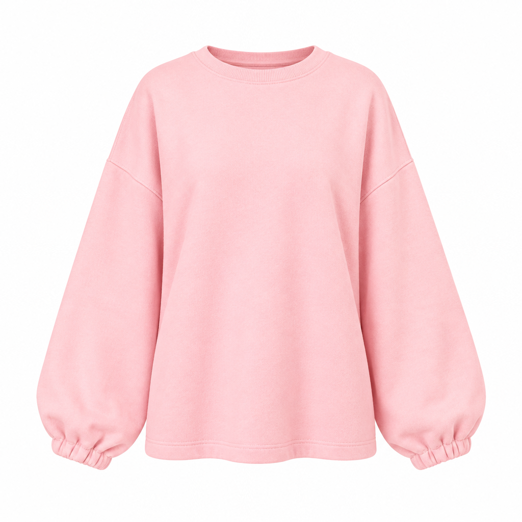 Rosa Oversize-Sweatshirt für Damen mit Rundhalsausschnitt, weiten langen Ärmeln und gerafften Ärmelabschlüssen, freigestellt auf Weiß.