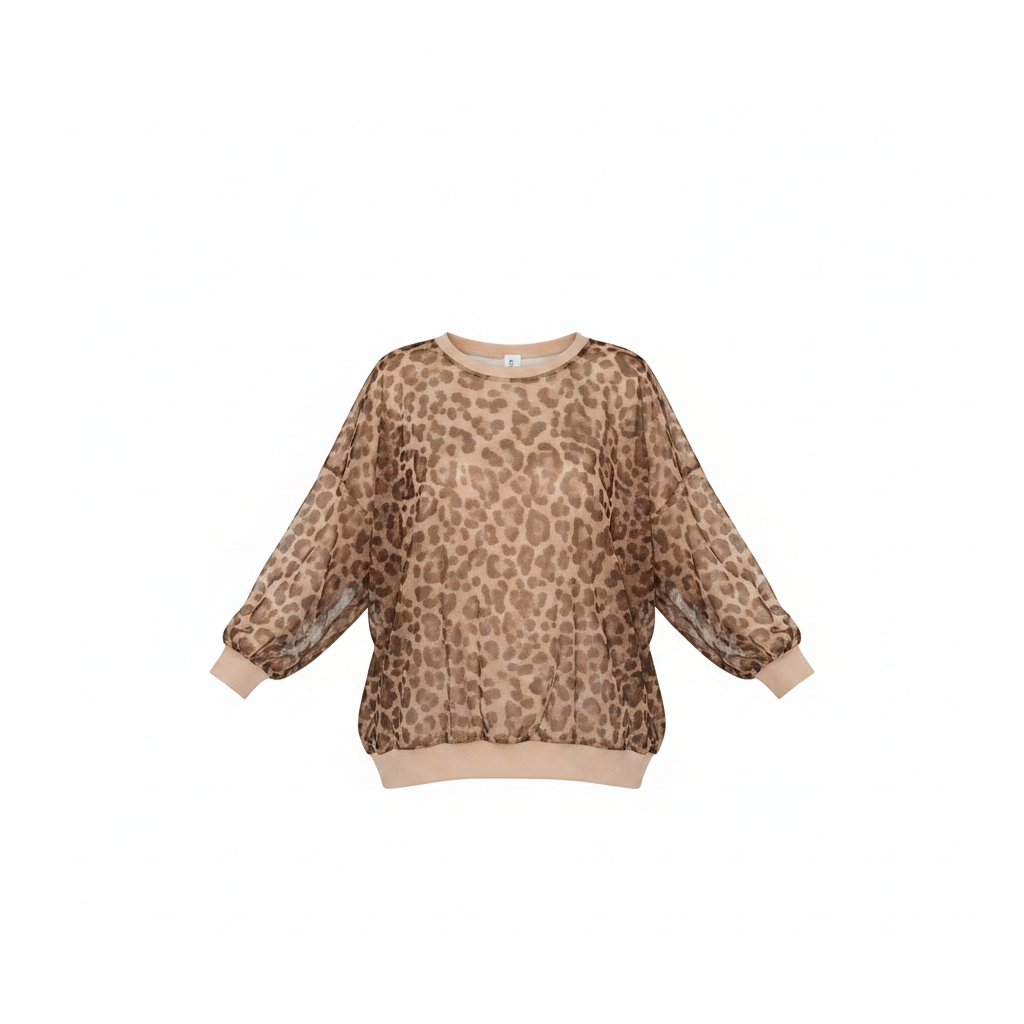 Damen Oversize Leo-Pullover in Beige und Braun in Rückansicht mit ausgestreckten Armen