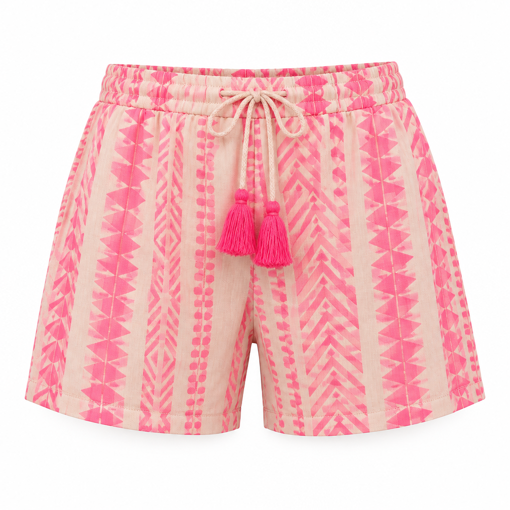 Boho-Shorts Damen Pink/Beige mit Ethno-Print, Freisteller auf weißem Hintergrund