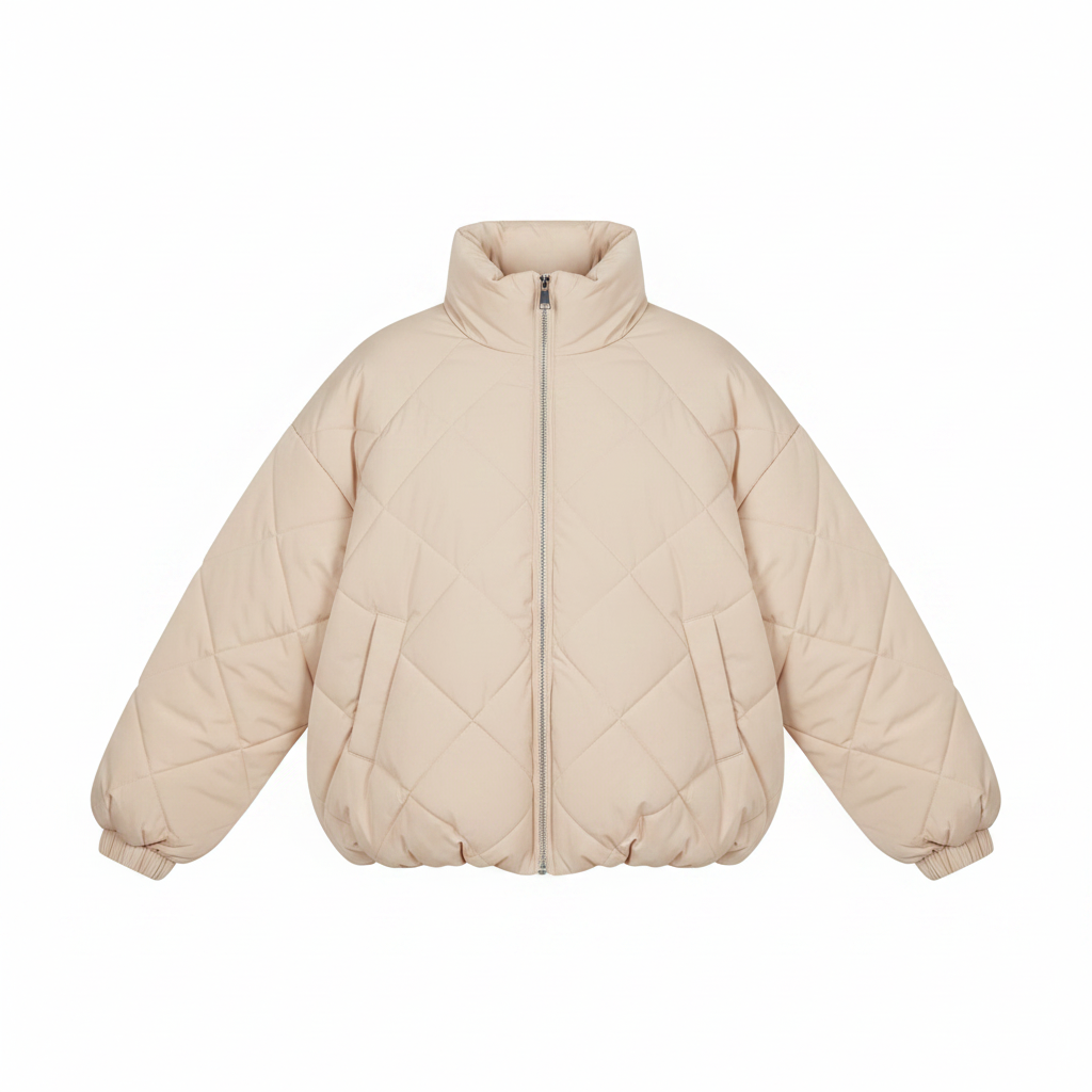 Beige gesteppte Boho-Luxe Damenjacke aus hochwertigem Material mit Stehkragen