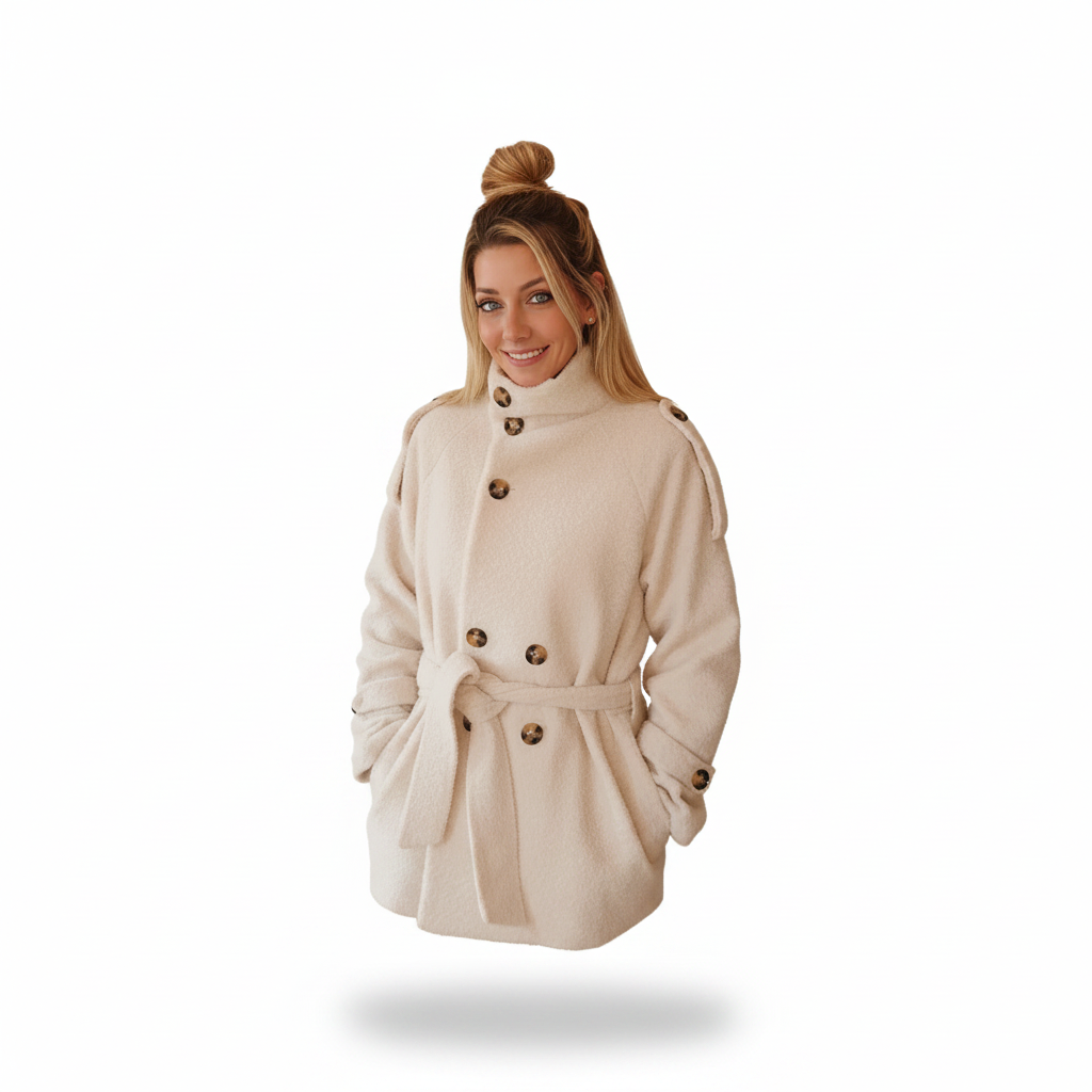 Kurzmantel Damen creme mit Bindegürtel vor weißem Hintergrund