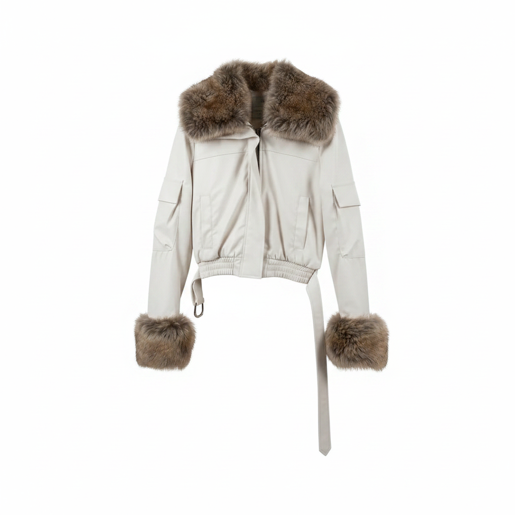 GMC-Freisteller Cropped Felljacke Cremeweiß