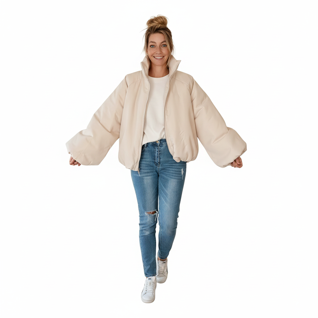 GMC-Freisteller mit Model: Oversize Damen Ballonjacke in Creme mit Stehkragen und Reißverschluss vor weißem Hintergrund