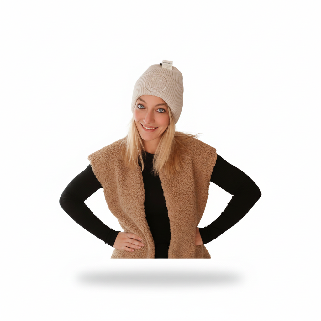 Smiley-Mütze One Size – Hellblau, Creme & Orange - SK-StyleundKompetenz
