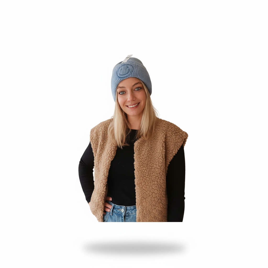 Smiley-Mütze One Size – Hellblau, Creme & Orange - SK-StyleundKompetenz