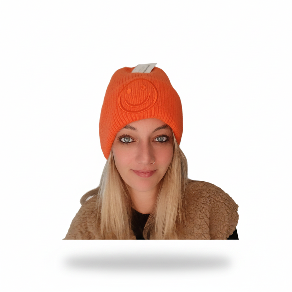 Smiley-Mütze One Size – Hellblau, Creme & Orange - SK-StyleundKompetenz
