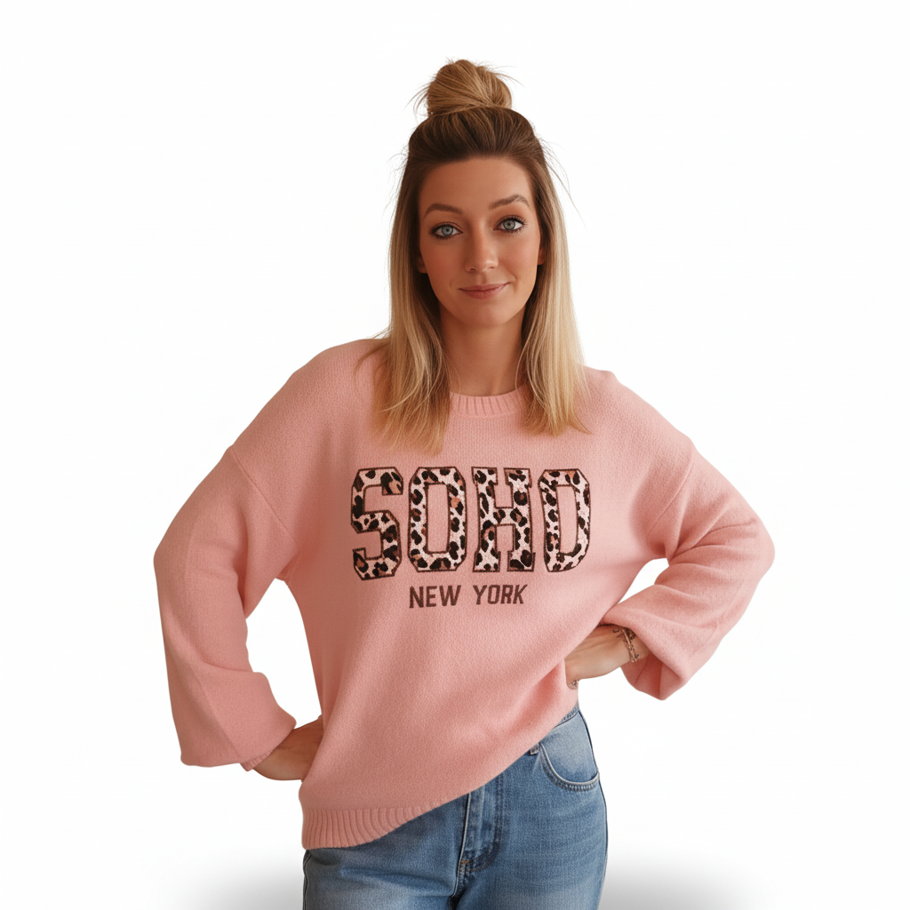 Boho-Luxe rosa Strickpullover von SK-Style & Kompetenz mit SOHO Leoprint und weitem Schnitt.