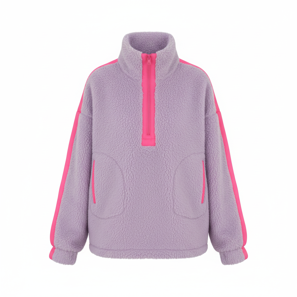 Damen Teddy Sweater Flieder mit Neonpink, Stehkragen und Reißverschluss freigestellt auf weißem Hintergrund