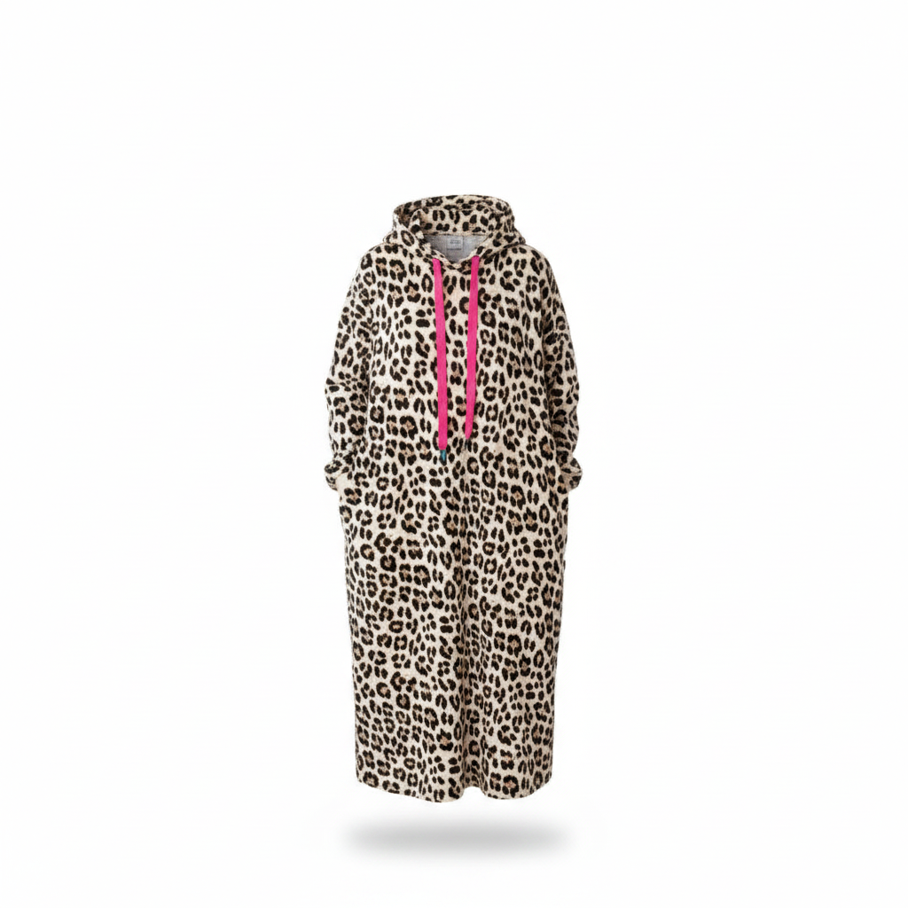 Leo-Hoodiekleid für Damen mit Kapuze und pinken Kordeln auf weißem Hintergrund