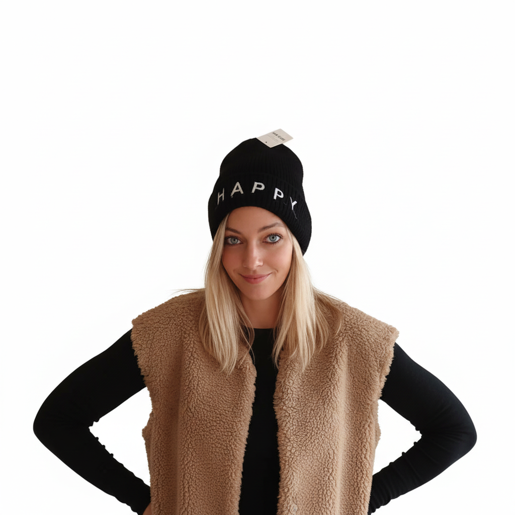 Schwarze HAPPY Beanie für Damen mit hellem Schriftzug, Model vor weißem Hintergrund